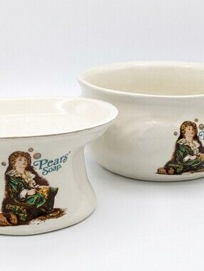 1970s 🧼 Pears Soap Ceramic Set — 8" Pedestal Soap Dish & 9" Shaving Basin / Mug